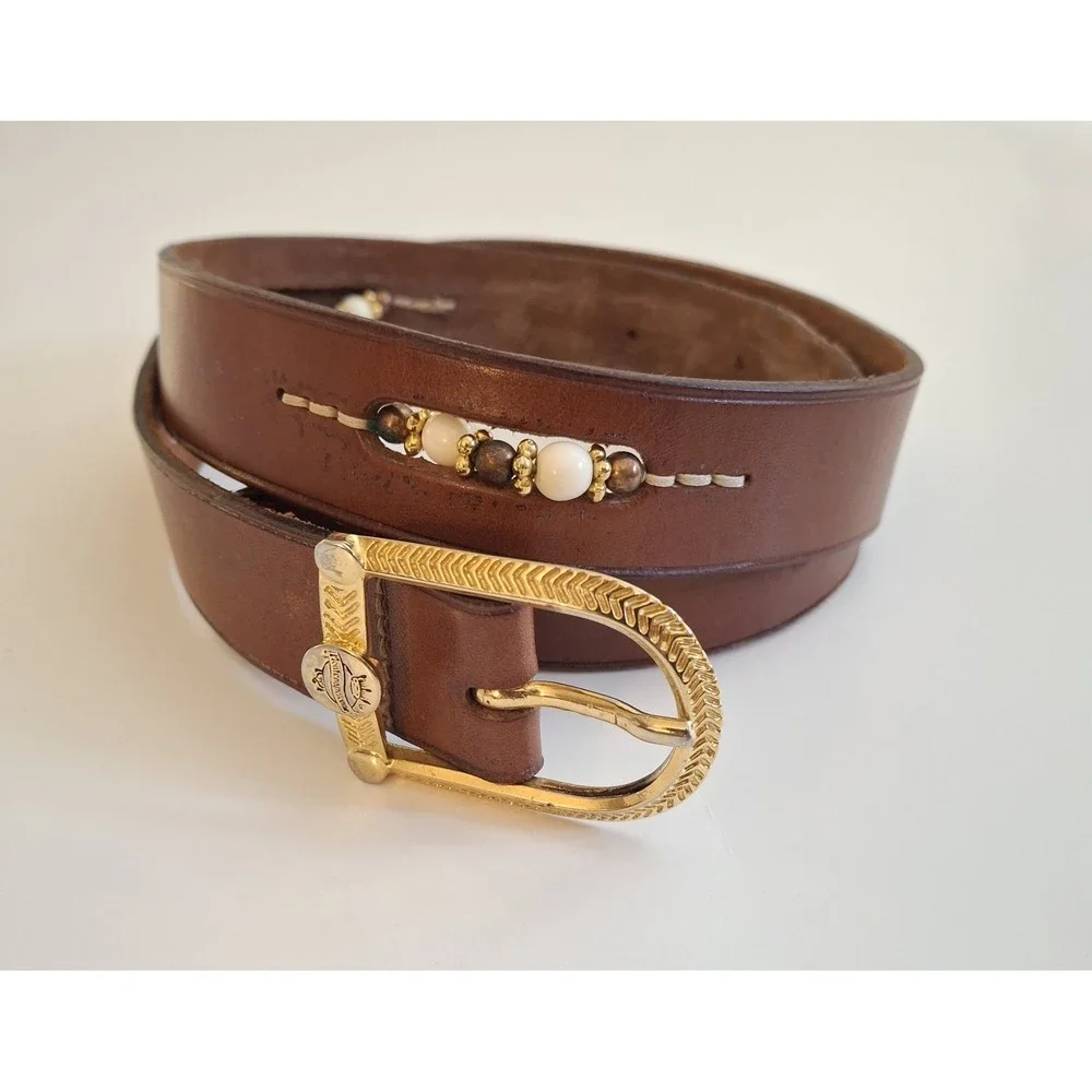 Vintage Tan Leather‎ Boho Western Belt with Gold /Silver Buckle and Accent Beads